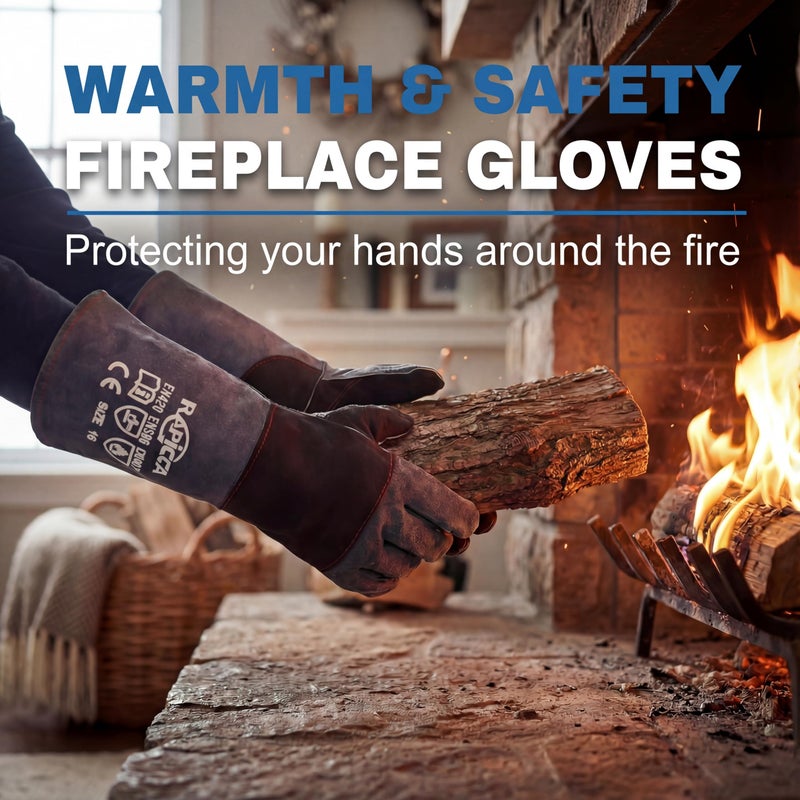 RAPICCA Fireplace Gloves Fire Heat Resistant: Dark-Grey 16IN 932â„‰ - Fireproof Leather for Fireplace Fire Pit Wood Stove Campfire Furnace BBQ Grill Oven Stick Mig Welding Welder Gear - Birthday Gift XL - Image 2